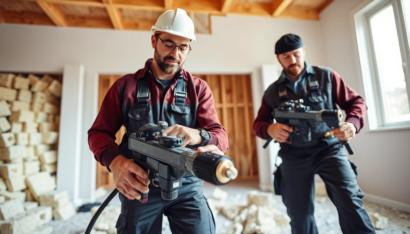 Skilled spray foam removal contractors safely removing insulation from a residential space.