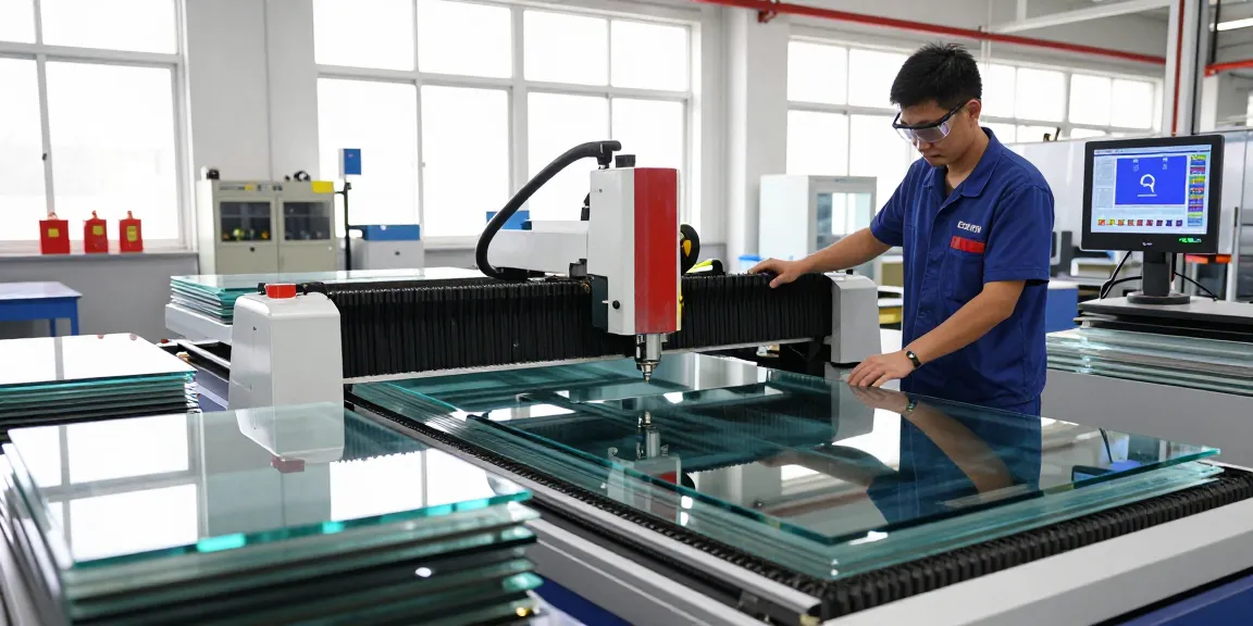 Technician operating a glass cutting machine cnc in a modern facility