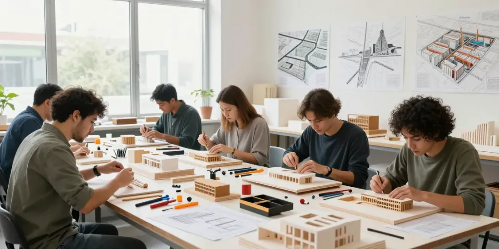 Architectural model maker France team collaborating on detailed architectural models in a bright studio.