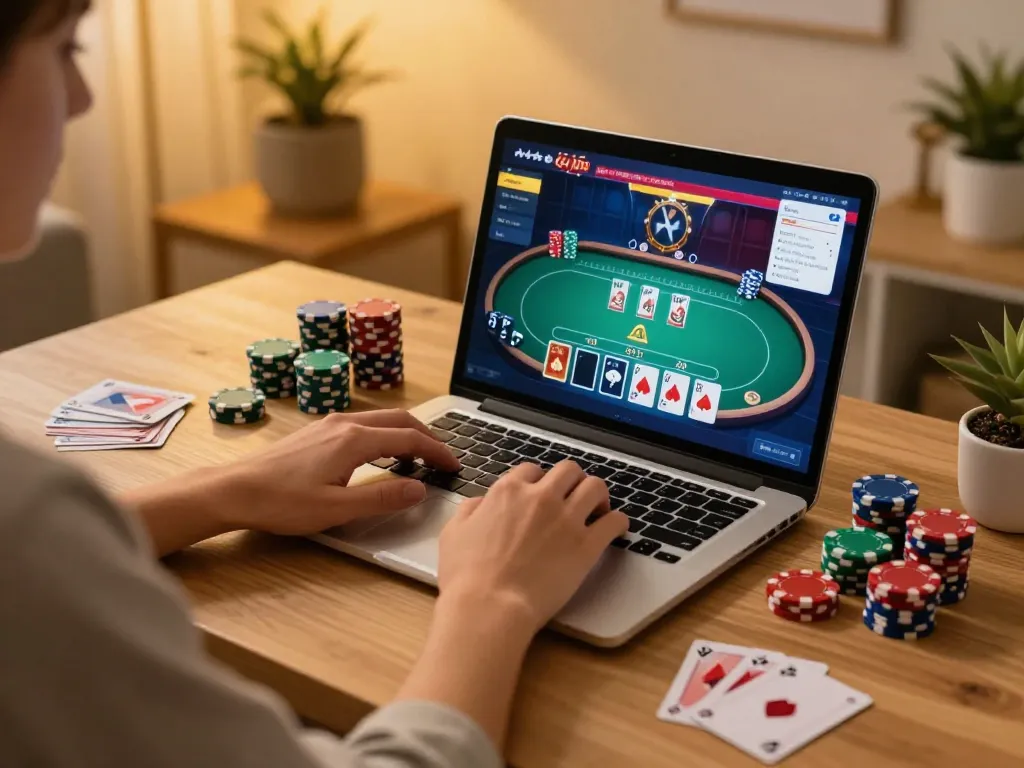 Player analyzing odds while engaging in poker online at home, using strategic notes and chips for solid gameplay with 789 focus.