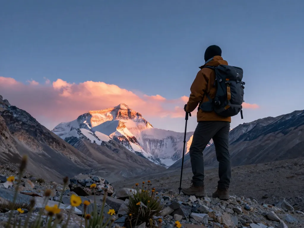 Stunning view of Everest Base Camp during sunset with traveler overlooking the majestic Himalayas.
