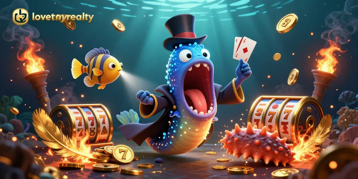 Memenangkan permainan slot dengan panduan lovettnyrealty melalui ilustrasi unik yang menggambarkan aksi karakter kasino laut yang menarik.
