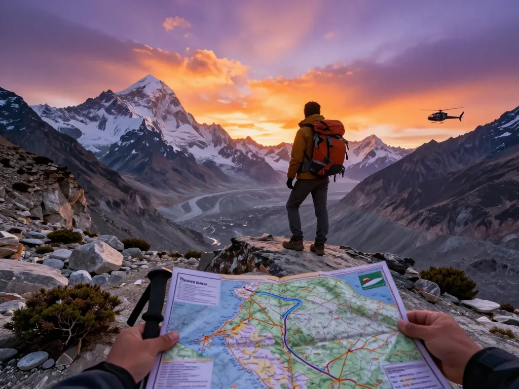 Everest Base Camp Trek with Helicopter Return, traveler at sunset with mountains and helicopter in the background