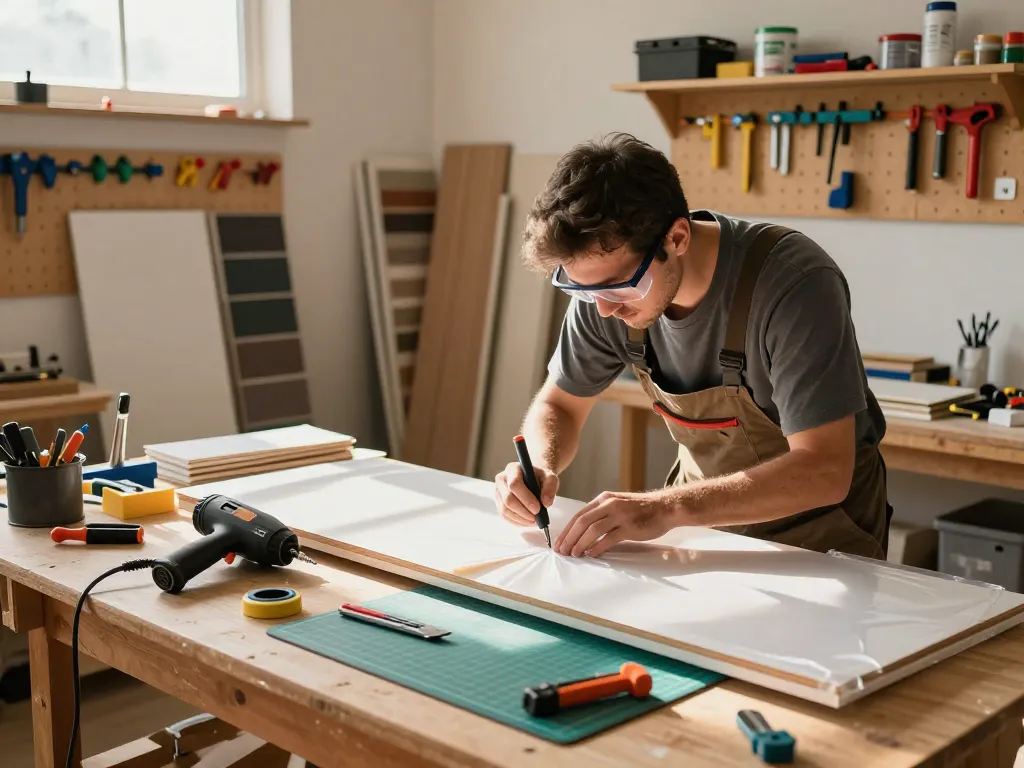 Carefully removing plastic laminate without tearing paper using precision tools in a cozy workshop.