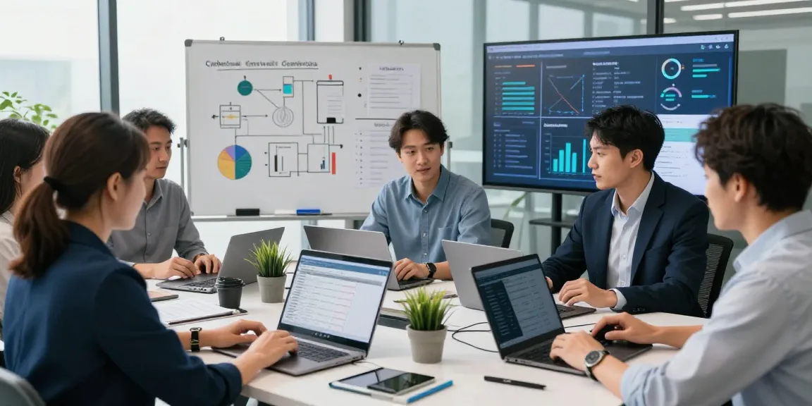 Team focused on Cyber Essentials renewal in a modern office, reviewing compliance documentation and collaborative strategies.