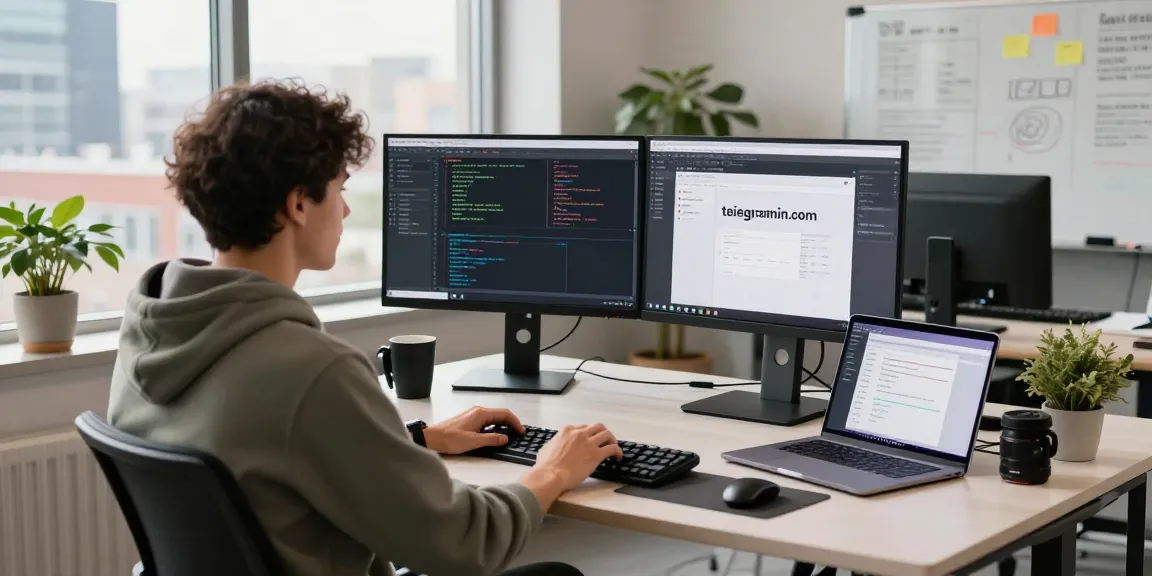 Innovative workspace showcasing developers coding for teiegramin.com with modern tech and city views.