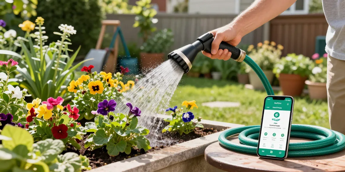 Gardener using the best hose nozzle to water vibrant flower beds in a sunny backyard.