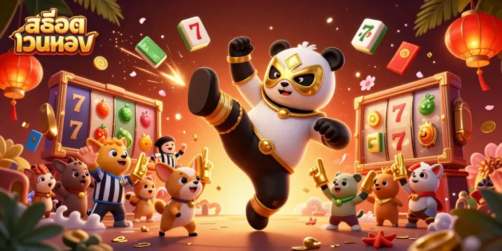Join the excitement of สล็อตเว็บตรง with a dynamic casino scene featuring a panda wrestler and cheering animal spectators.