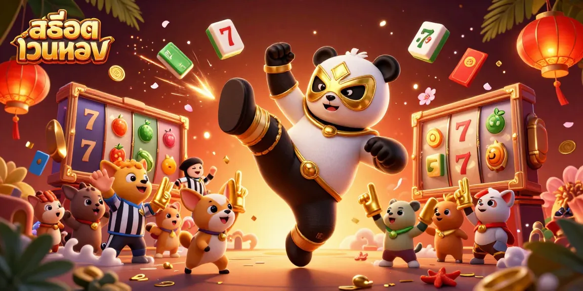 Join the excitement of สล็อตเว็บตรง with a dynamic casino scene featuring a panda wrestler and cheering animal spectators.