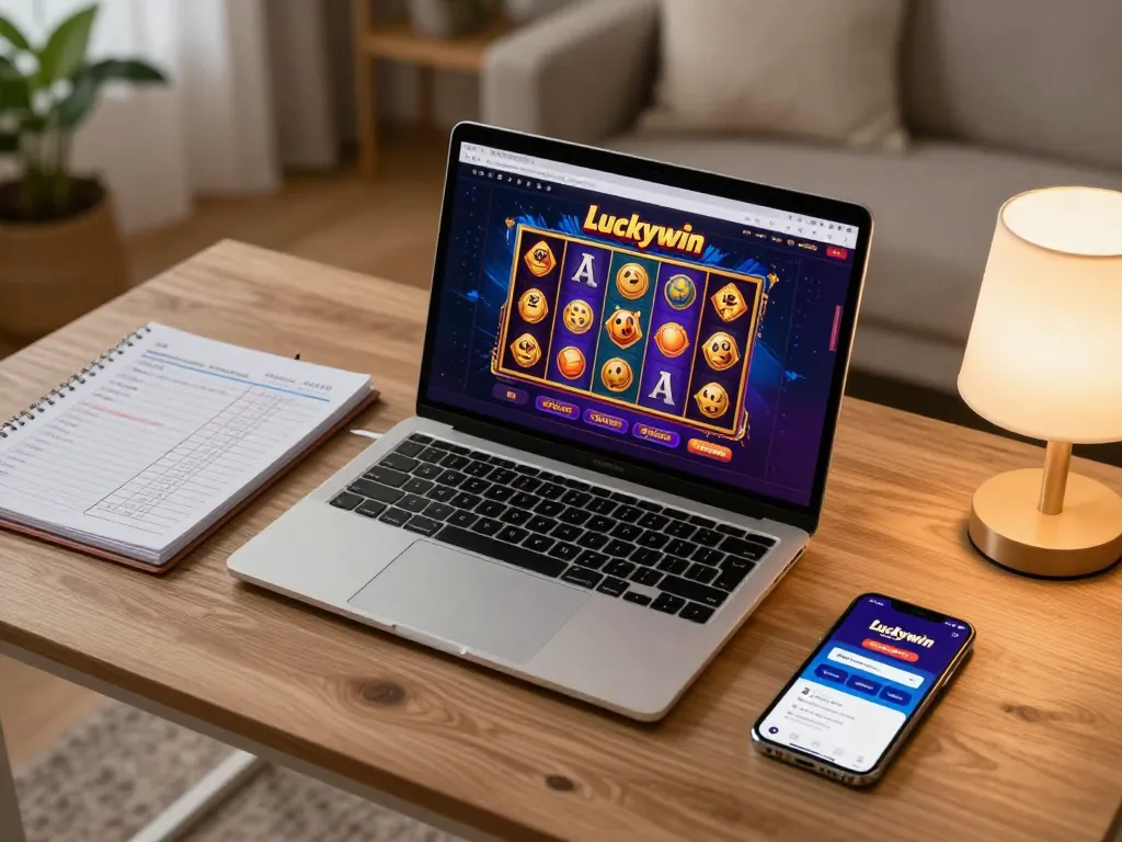 Trải nghiệm chơi game trực tuyến hấp dẫn với các máy đánh bạc Luckywin hiển thị trên laptop trong một không gian ấm cúng.