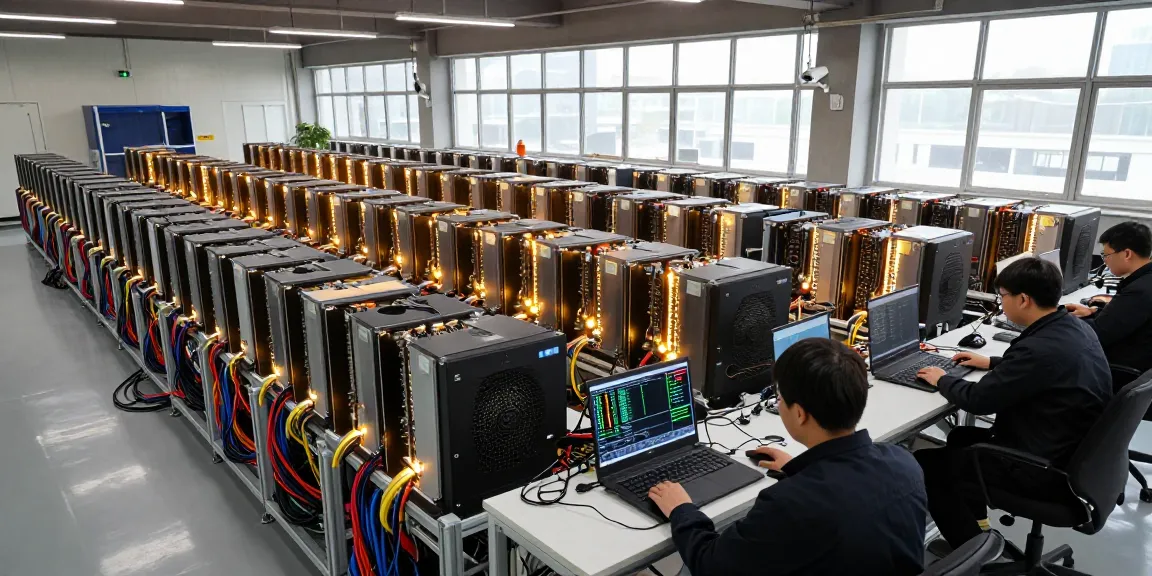 Bitcoin mining farm with ASIC miners and monitoring systems in a high-tech facility for cryptocurrency operations.