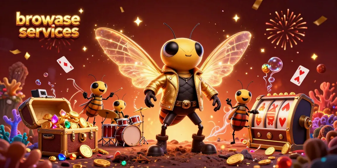 Engage with top NFT services, showcasing a vibrant casino scene featuring a cicada rock star.