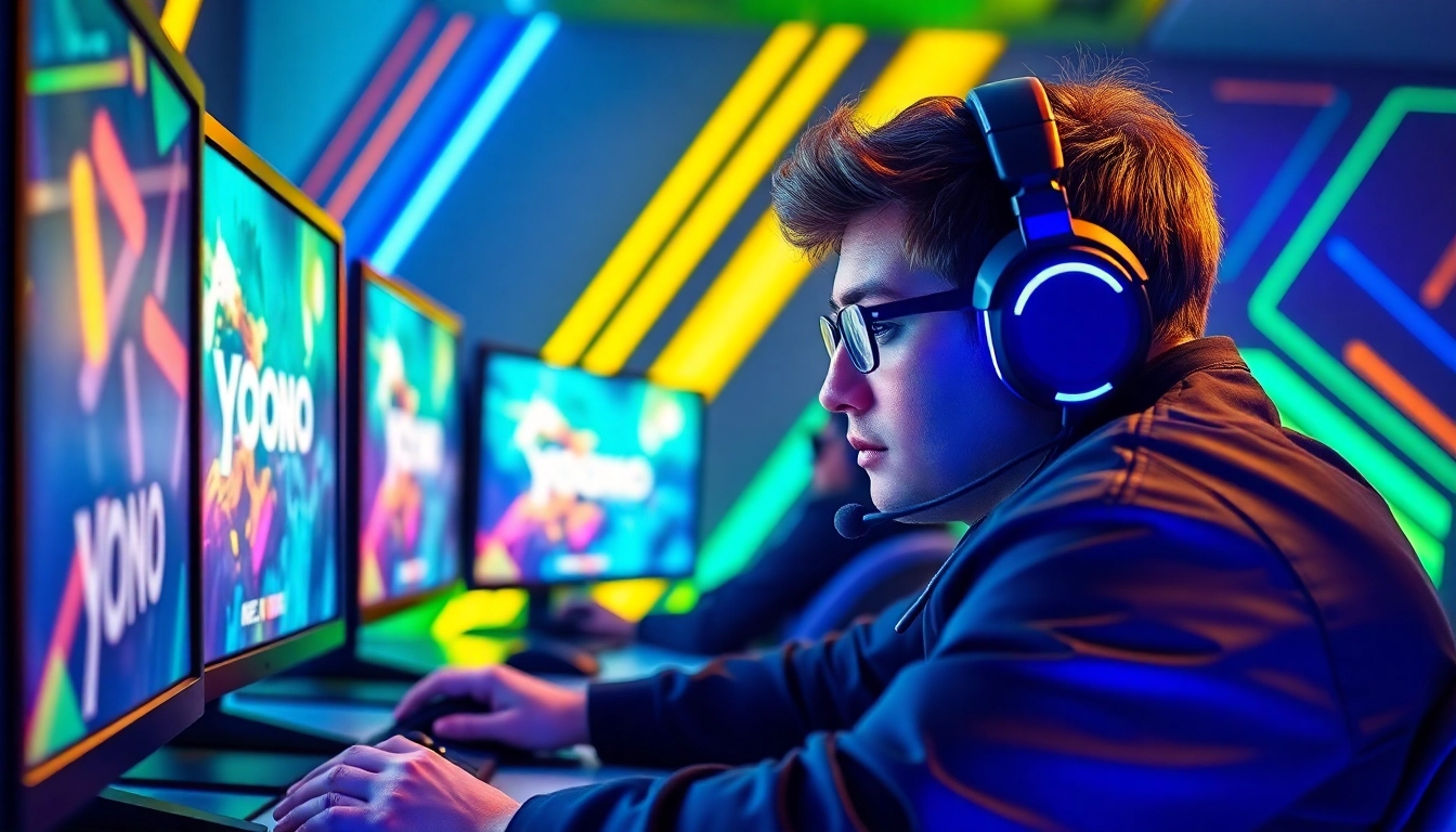 Engaged gamer immerses in the yono game experience with vibrant neon lights.