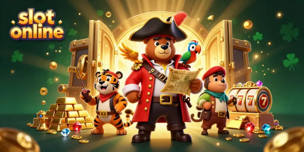 Bermain slot online dengan karakter beruang bajak laut dan harimau di balik pintu harta karun yang terbuka.