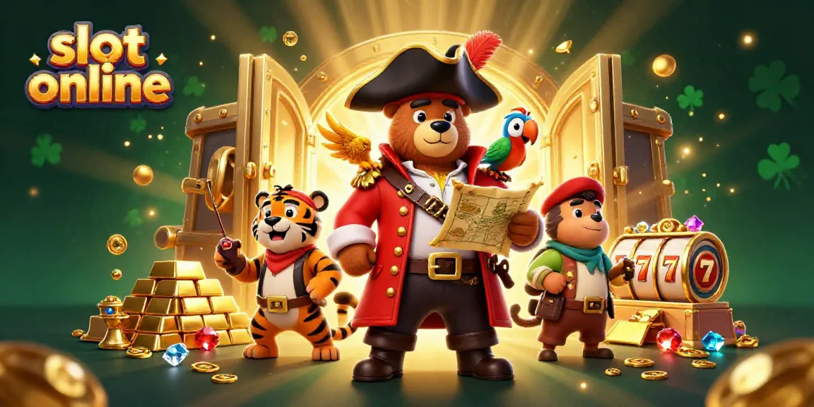 Bermain slot online dengan karakter beruang bajak laut dan harimau di balik pintu harta karun yang terbuka.
