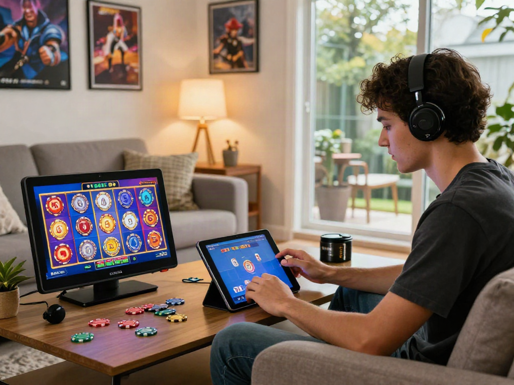Player enjoying slot games on a tablet in a cozy living room.