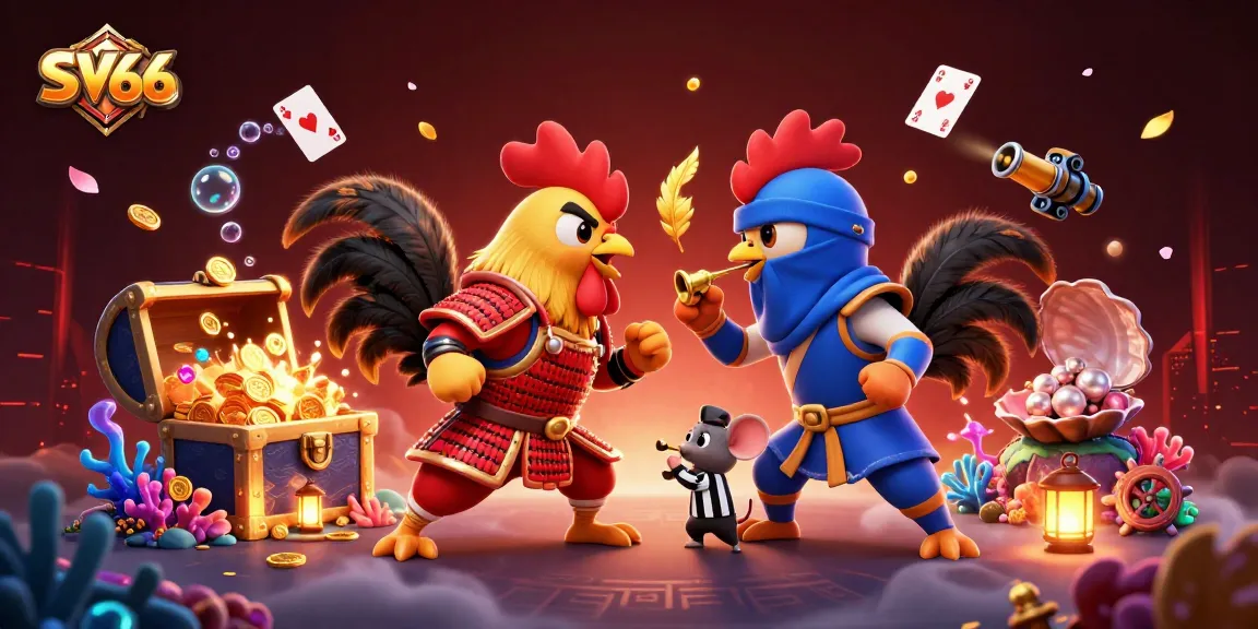 Engage in thrilling gameplay at SV66 with dramatic rooster duel and vibrant casino elements.