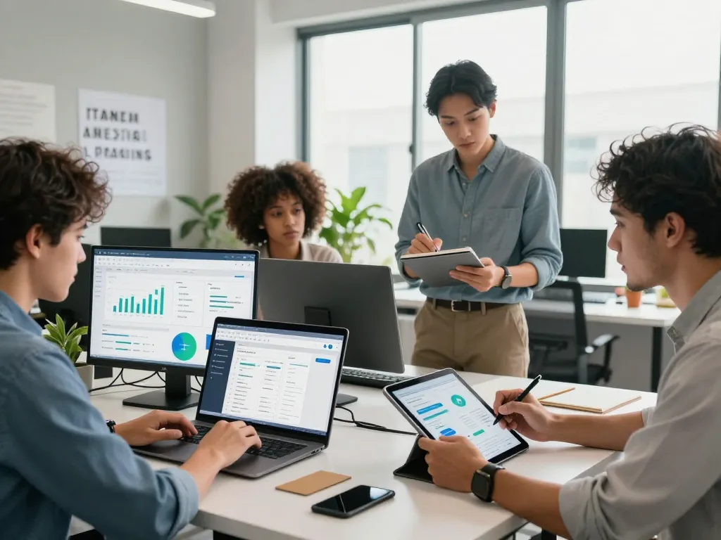 Team of SEO professionals collaborating with group buy SEO tools in a modern office setting.