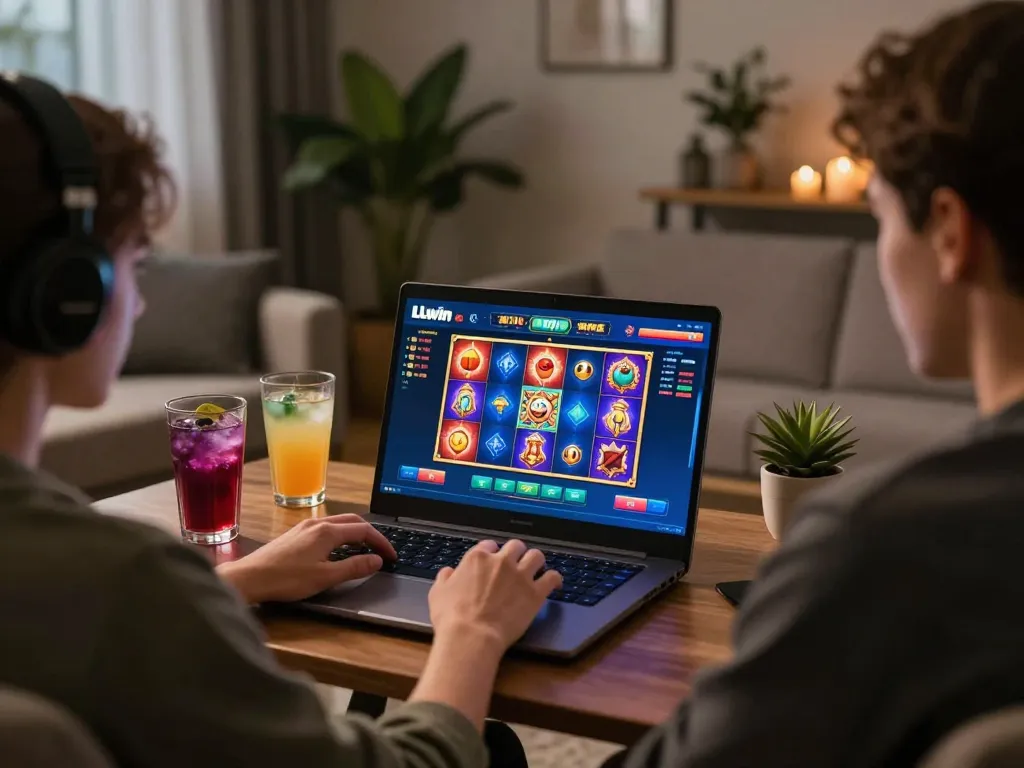 Player enjoying LLwin online casino gaming on laptop in a cozy living room setting