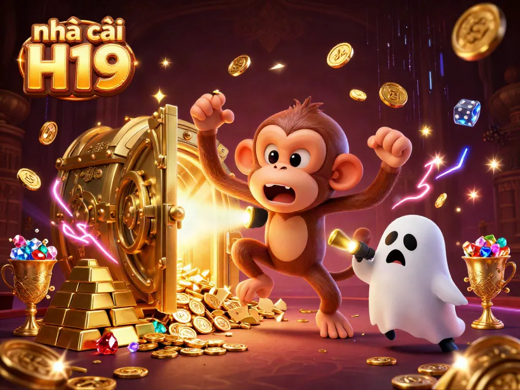 Engage with nhà cái H19 through vibrant casino imagery where a poltergeist monkey juggles golden treasures.