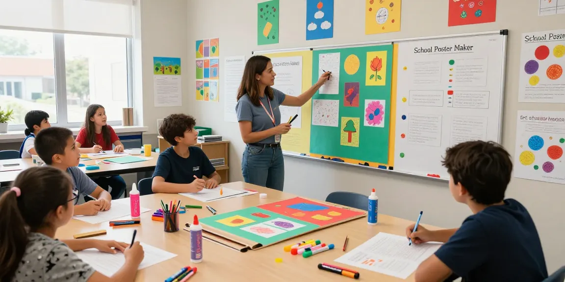 Students creating posters using the School Poster Maker in a vibrant classroom environment.