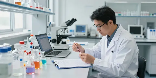 Scientist analyzing Swiss Chem peptides in a bright lab environment.