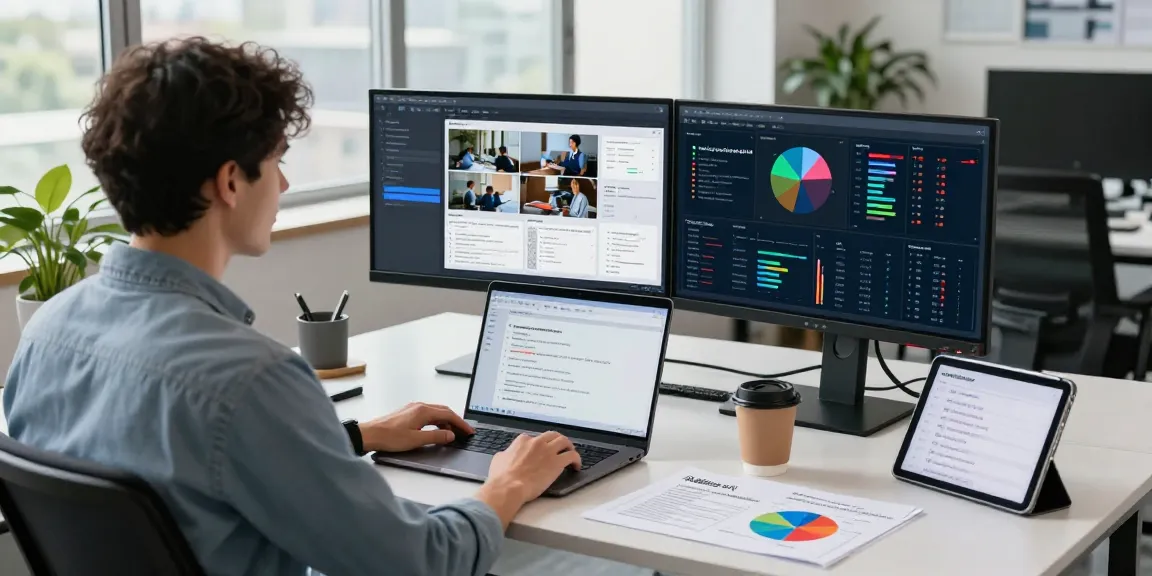 Detect AI image processes in a tech workspace with dual monitors and vibrant data visuals