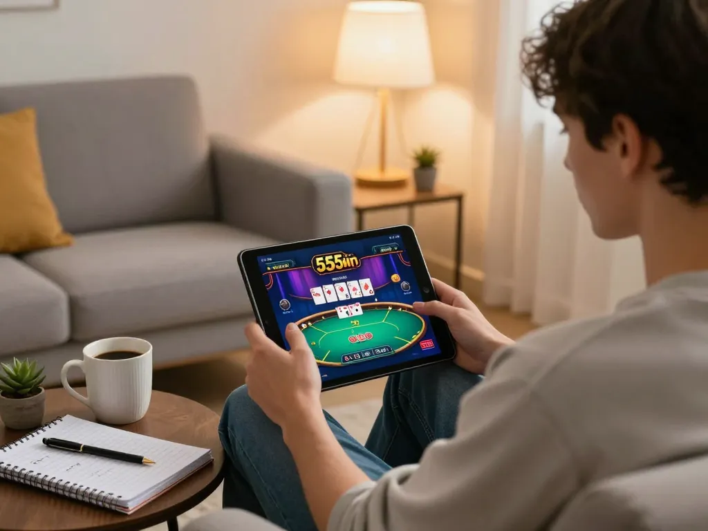 Player enjoying the 555win online gaming experience on a tablet in a cozy home setting.