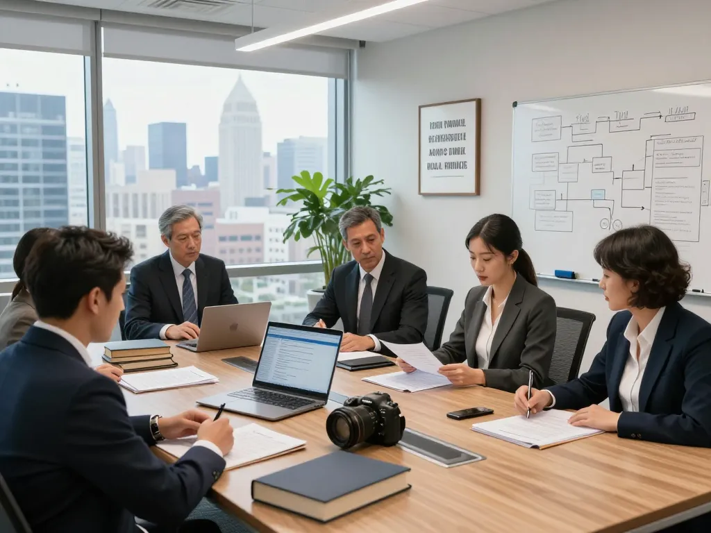 USA lawyers collaborating in a modern conference room, examining case documents and discussing strategies.