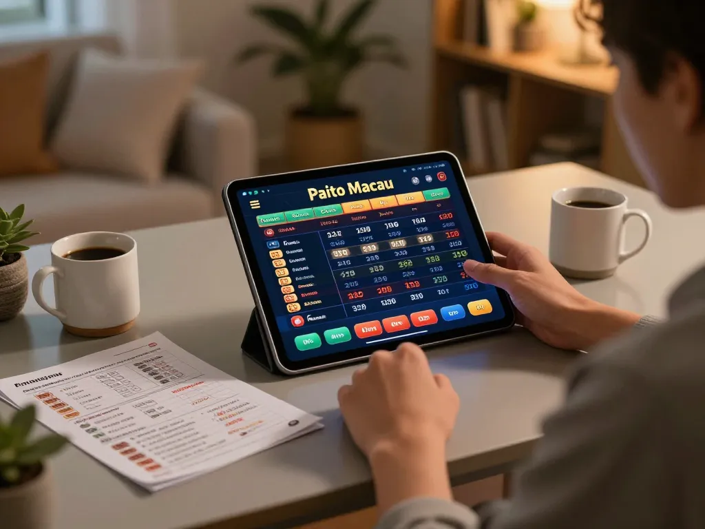 Paito macau betting on a tablet with strategy notes in a cozy home setting.
