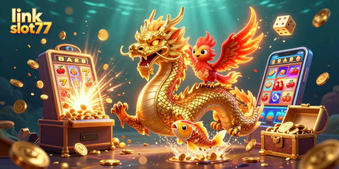 Spin to win with link slot77 featuring a golden dragon, phoenix, and koi fish in a rich casino setting.