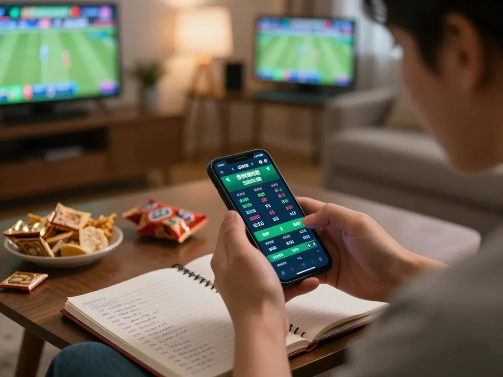 Engaged bettor using smartphone for sv368 sports betting with live odds and strategies in a cozy setting
