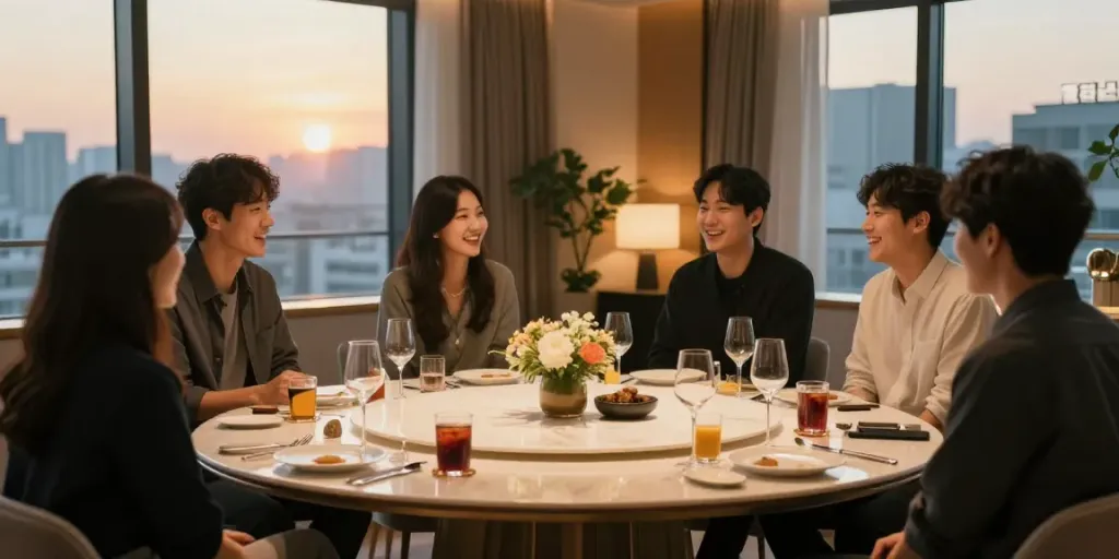 강남 구구단의 아늑한 독립 룸에서의 모임 장면