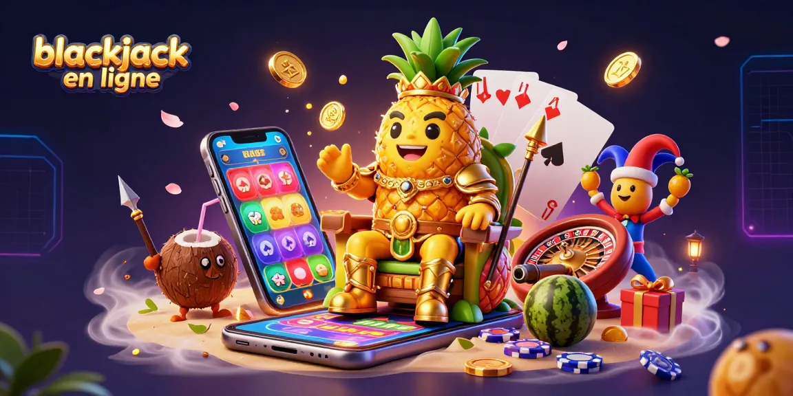 Jouez au blackjack en ligne avec le roi ananas et ses gardes, dans un casino animé.