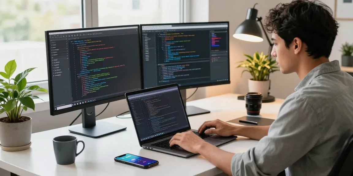 A focused developer coding at a modern desk with tech tools, emphasizing productivity in the digital workspace for telegramin-cn.com.