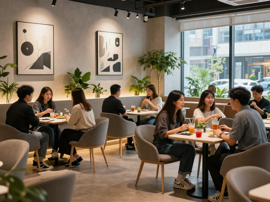 강남쩜오의 쾌적한 라운지 공간에서 사람들의 즐거운 대화와 음료를 나누는 모습