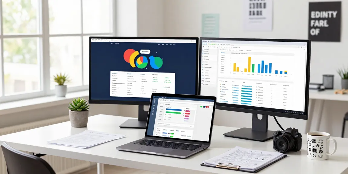 Multichannel lead acquisition workspace with marketing tools, data analytics on screens, and a strategist at work.