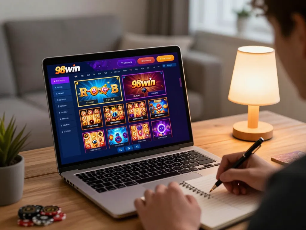 Engaged player exploring 98win online casino games with strategic notes in a cozy home setting.
