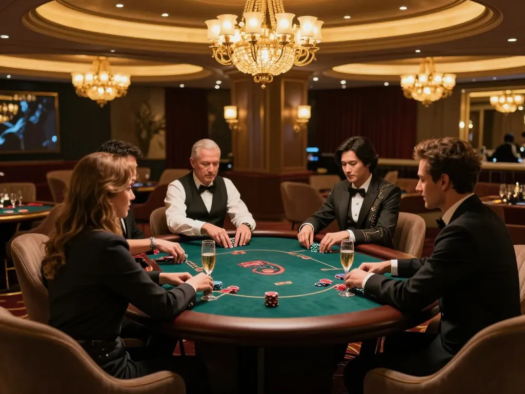 VIP win poker table scene with players strategizing in a luxurious gaming area.