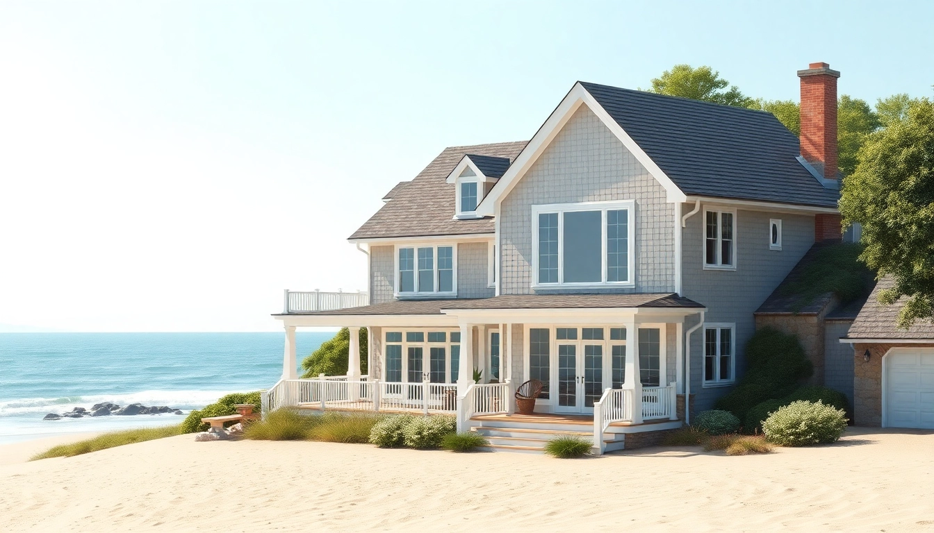 Cape Cod homes with elegant gables and ocean view blends into a serene beach landscape.