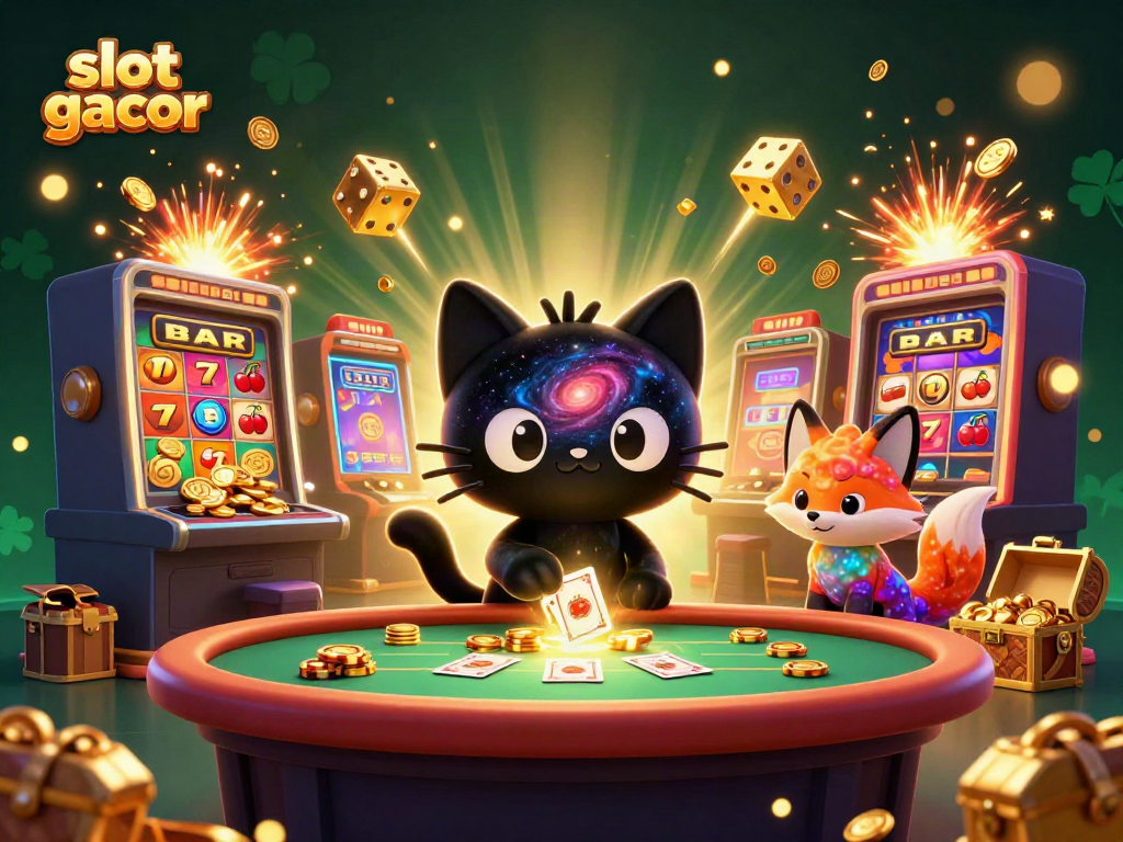 Menangkan slot gacor dengan ilustrasi kasino kosmik penuh uang dan kucing lubang hitam.