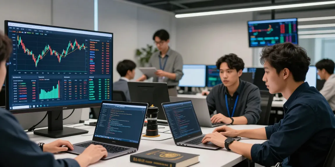 AiCoin用户在现代办公室分析实时市场数据和K线图,展示Web3交易平台的高效性与协作氛围。