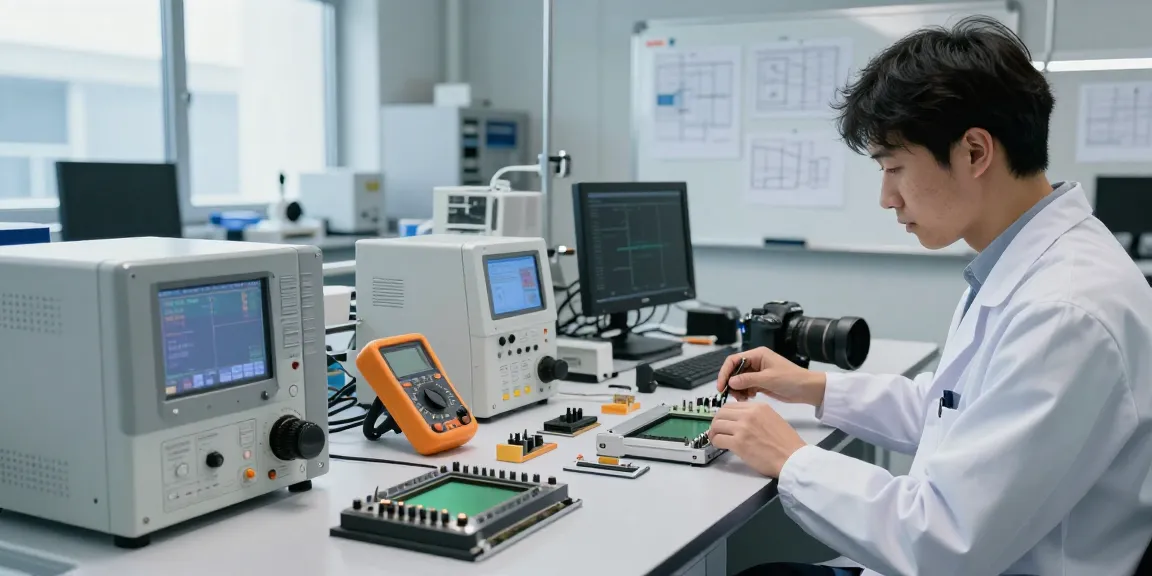 Capacitive switch research in a high-tech lab with prototypes and testing equipment.