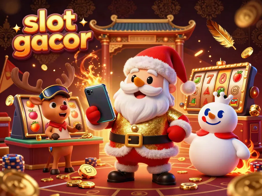 Engage with slot gacor jackpots in a vibrant 3D casino scene featuring Santa, a reindeer dealer, and a poker chip snowman.