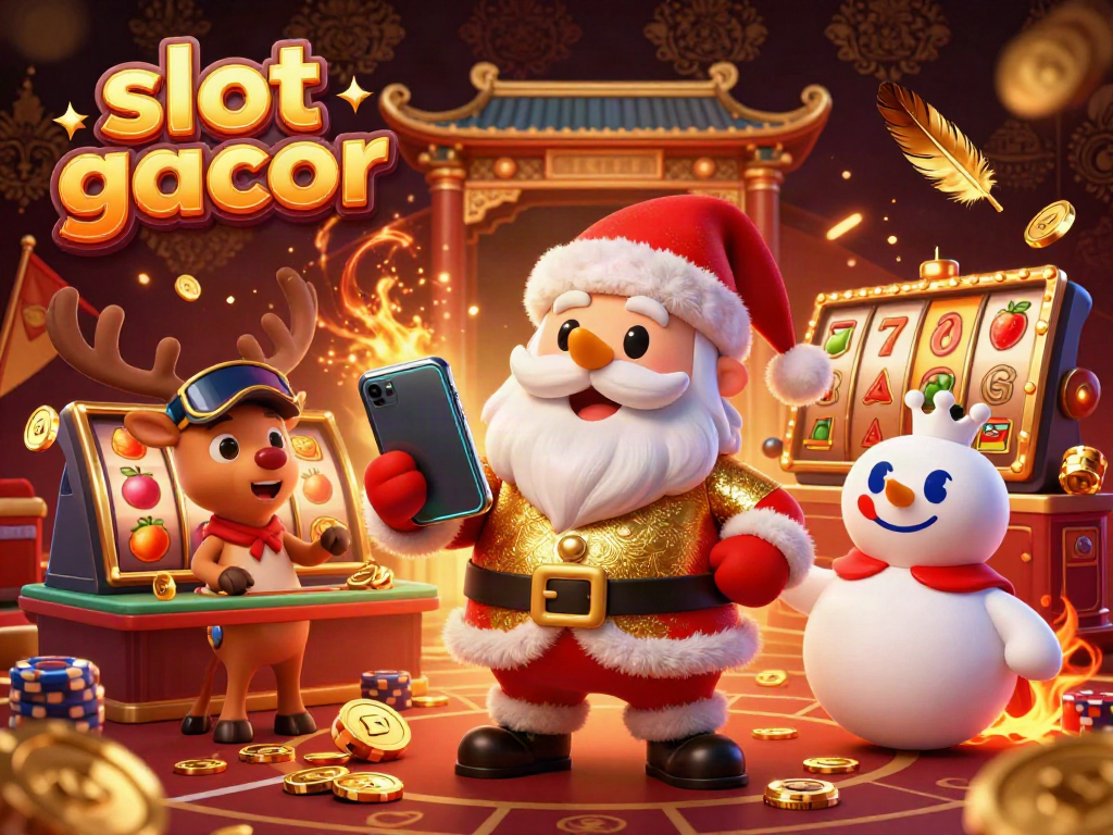 Engage with slot gacor jackpots in a vibrant 3D casino scene featuring Santa, a reindeer dealer, and a poker chip snowman.