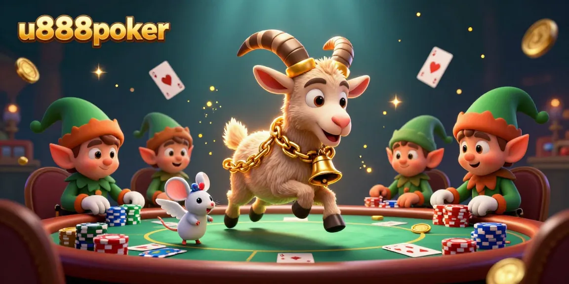 Engage with u888poker by entering a vibrant, chaotic casino scene featuring poker elements and festive characters.