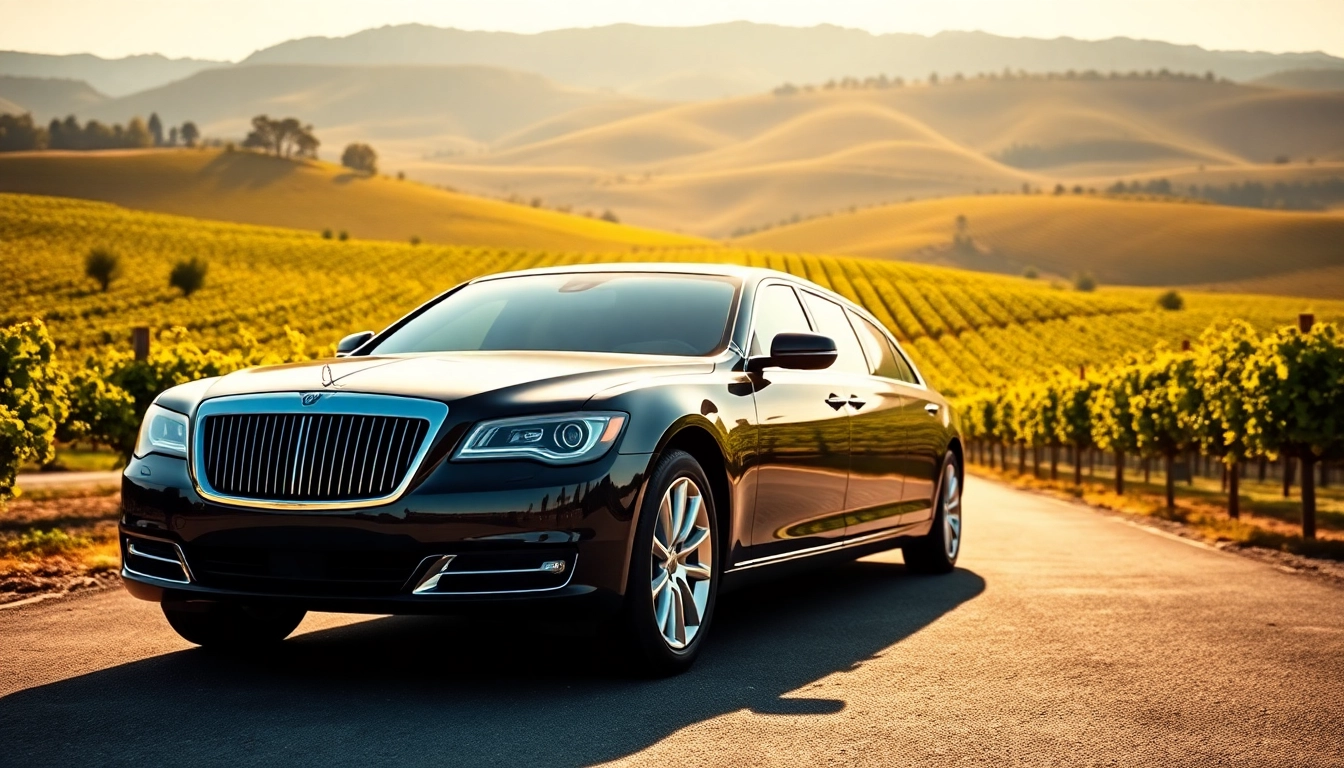 Experience wine tour limo packages with a luxury vehicle set against a beautiful vineyard backdrop.