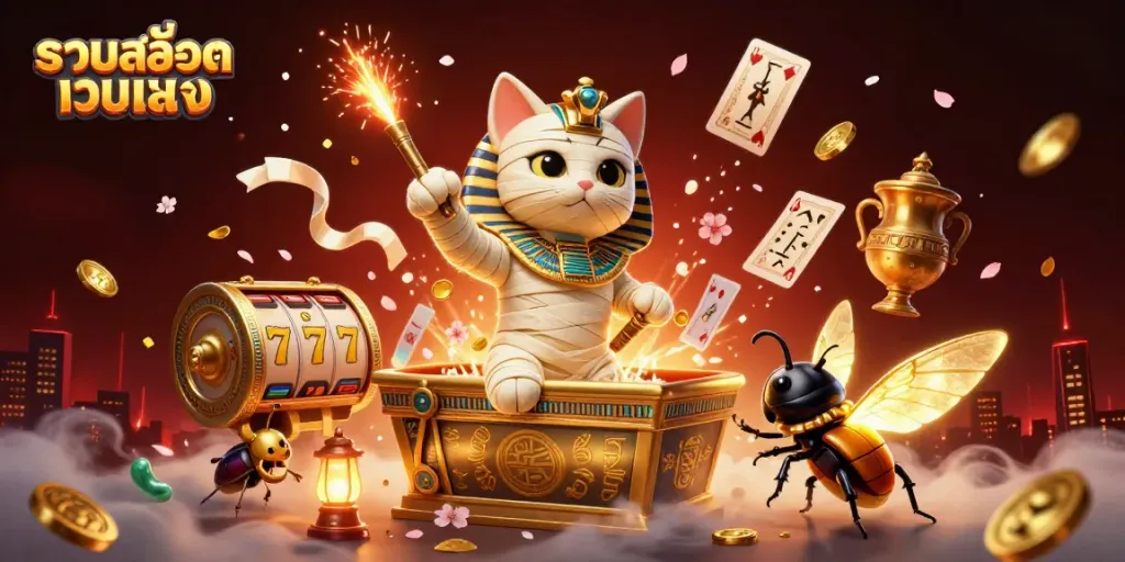 Engage with รวมสล็อตเว็บตรง through an exciting 3D illustration showcasing vibrant slot reel action amidst captivating casino elements.