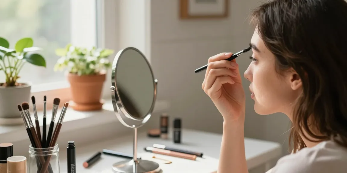 Woman applying pencil eyebrows in a bright bathroom, surrounded by makeup tools and plants.