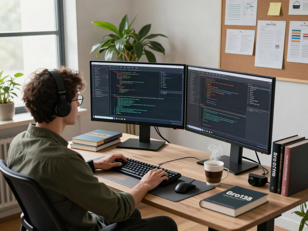 Focused software engineer coding with bro138 on high-resolution monitors in a modern workspace